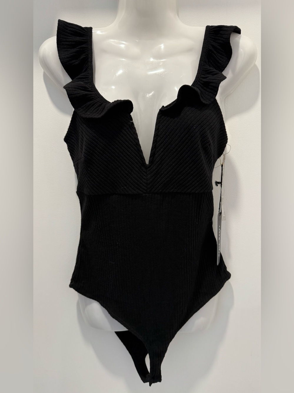 Haute Monde Women’s Black Ruffled V-Neck Bodysuit